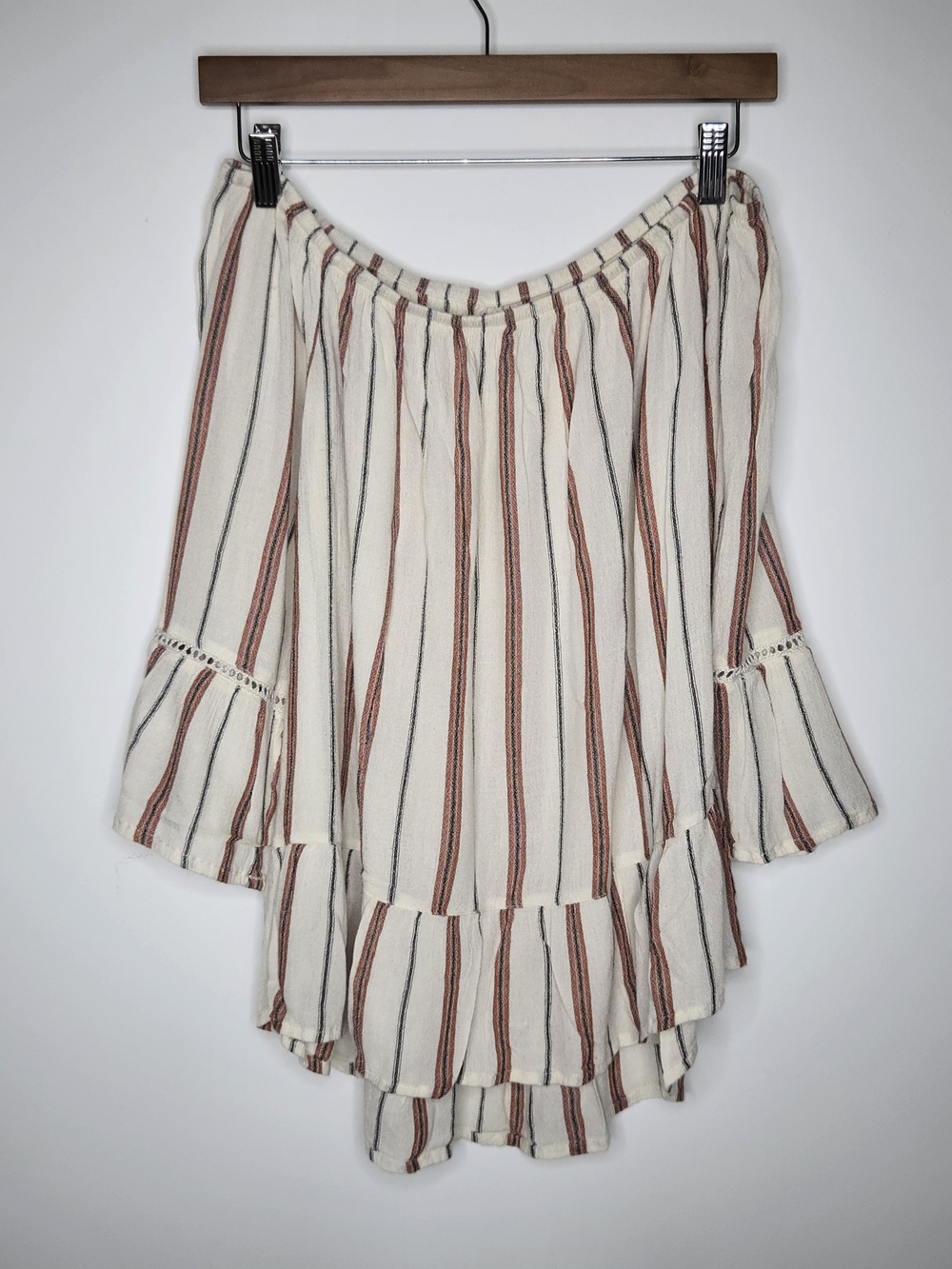 Striped Off-Shoulder Boho Flowy Blouse — Cream with Rust & Black Stripes Size S